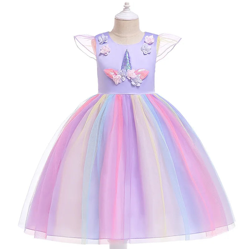 Girl Unicorn Halloween Fancy Princess Dress Teen Girls Rainbow Colorful Cosplay Costume Kids Birthday Party Dresses Tulle Wear