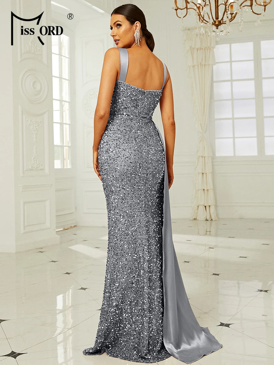 Missord Pink Sequin Bridesmaid Wedding Dress Elegant Women Suspender Draped Thigh Split Party Evening Dresses Long Prom Gown