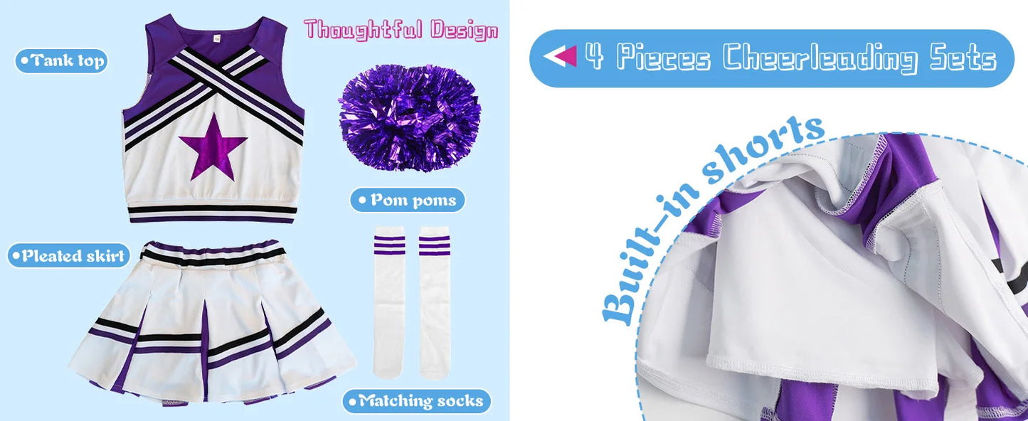 LOlanta 4Pcs Girls' Cheerleading Costumes with Socks Kids School Performance Cheerleader Outfit Halloween Fancy Dress Up 4-14Y