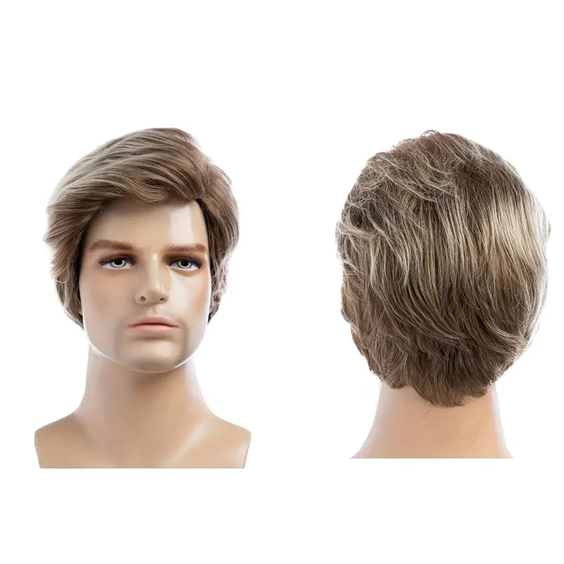 6 Inch Short Curly Synthetic Brown Wig, Handsome Men's Heat Resistant Wig with Bangs for Daily Use