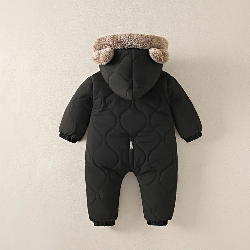 2025 Winter New Baby Boys Girls Bodysuit Solid Color Plus Velvet Thick Jumpsuits For 6M-3Y Kids Warm Hooded Rompers Snowsuit
