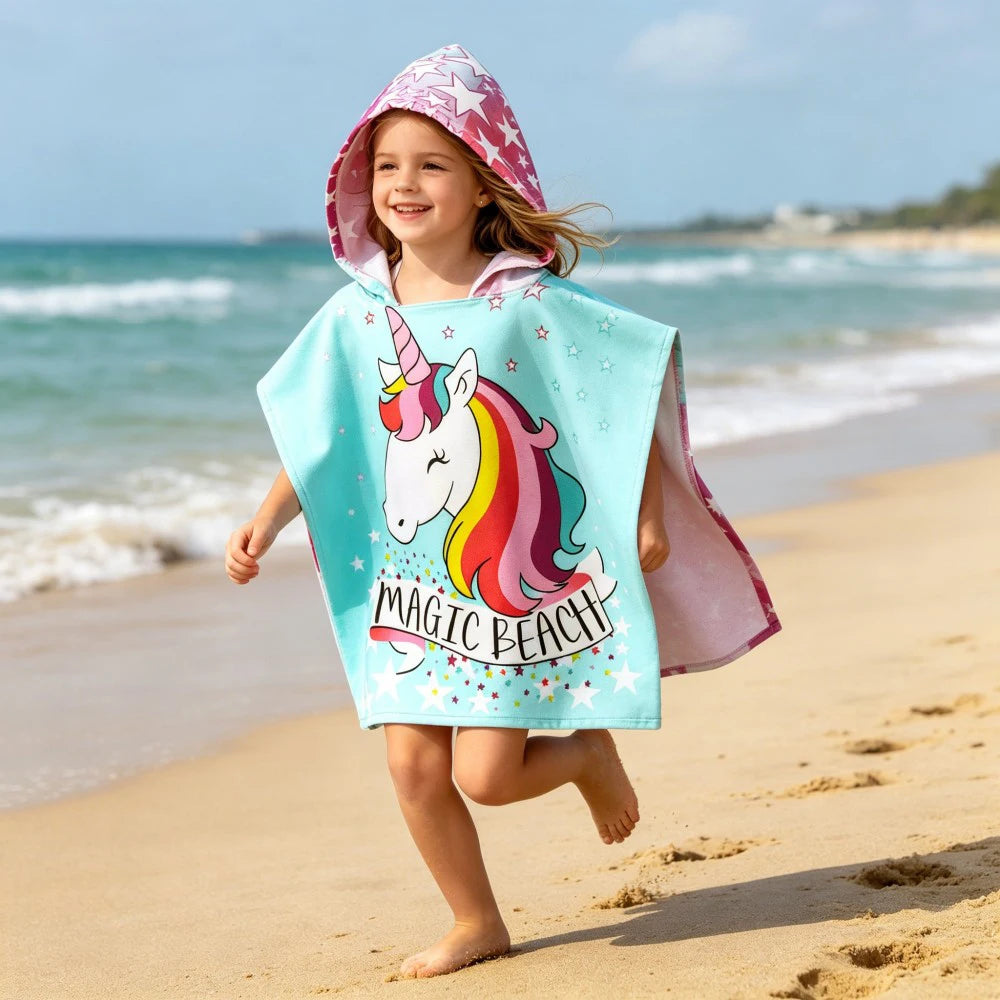 Children Bathing Stuff Kids Hooded Cape Towel Boy Cartoon Bathrobe Baby Swimming Towel Girls Unicorn Beach Towel Wrap Blanket