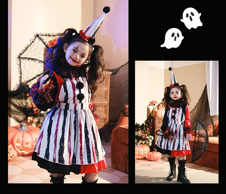 Halloween Cosplay Costumes Horror Clown Dresses Pants Headwear Clothes Sets Carnival Theme Party Role Playing Outfits for Girls