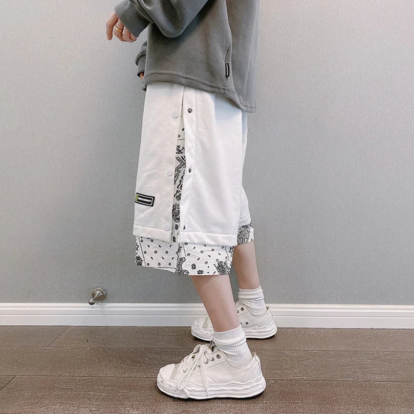 Men's Faux 2 Layer Breasted Bandana Shorts Spring Summer High Street Pants Oversize Paisley Harajuku Hip Hop Trousers 2025 Z1