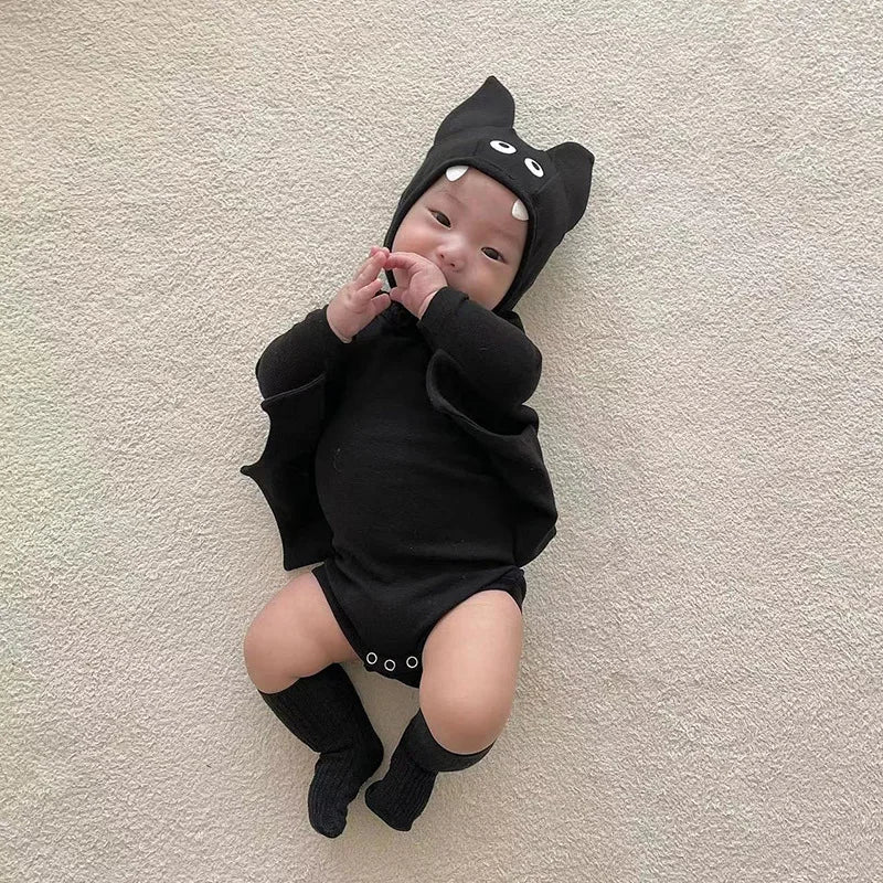 2025 New Baby Halloween Clothes Set Boys Girls Cute Bat Sleeve Bodysuit + Hat  Toddler Fashion Kids Halloween Party Clothing