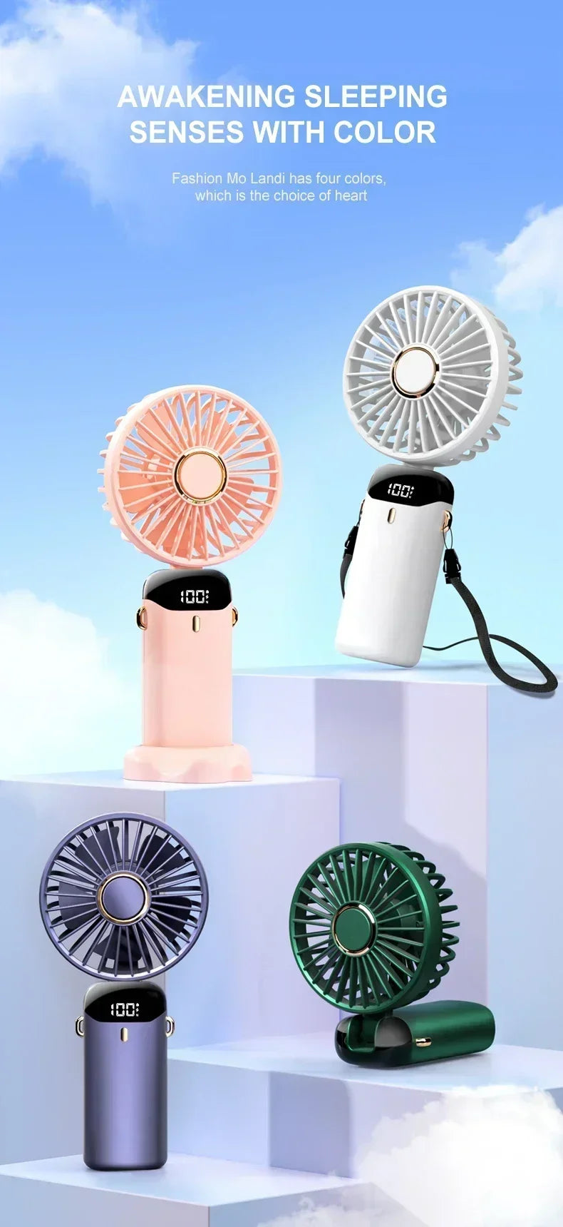 Folding Fan Mini Portable Hand-Held Fan Rechargeable Multifunctional Fan With Display Screen Neck Hanging Fans