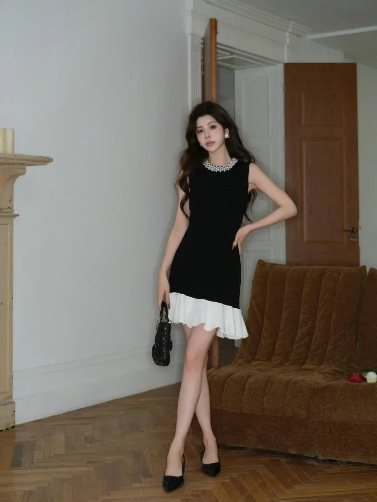 Elegant Pearl Detail Knitted Ice Silk Sleeveless A- Line Dress French Style Summer Dress for Women with Lace Hem Empire Waist