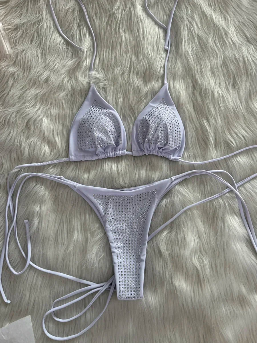 Shiny Sequin Diamond Bikini Women Swimwear Female Swimsuit Two-pieces Bikini Set Wrap Around Halter Bathing Suit Swim Beach Wear