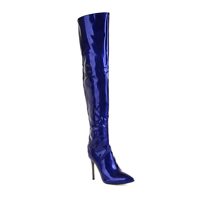 Long Boots for Women Dark Blue Pointed Toe Metal Stiletto Heel Patent Leather Over-the-Knee Female Shoes Large Size Short Plush