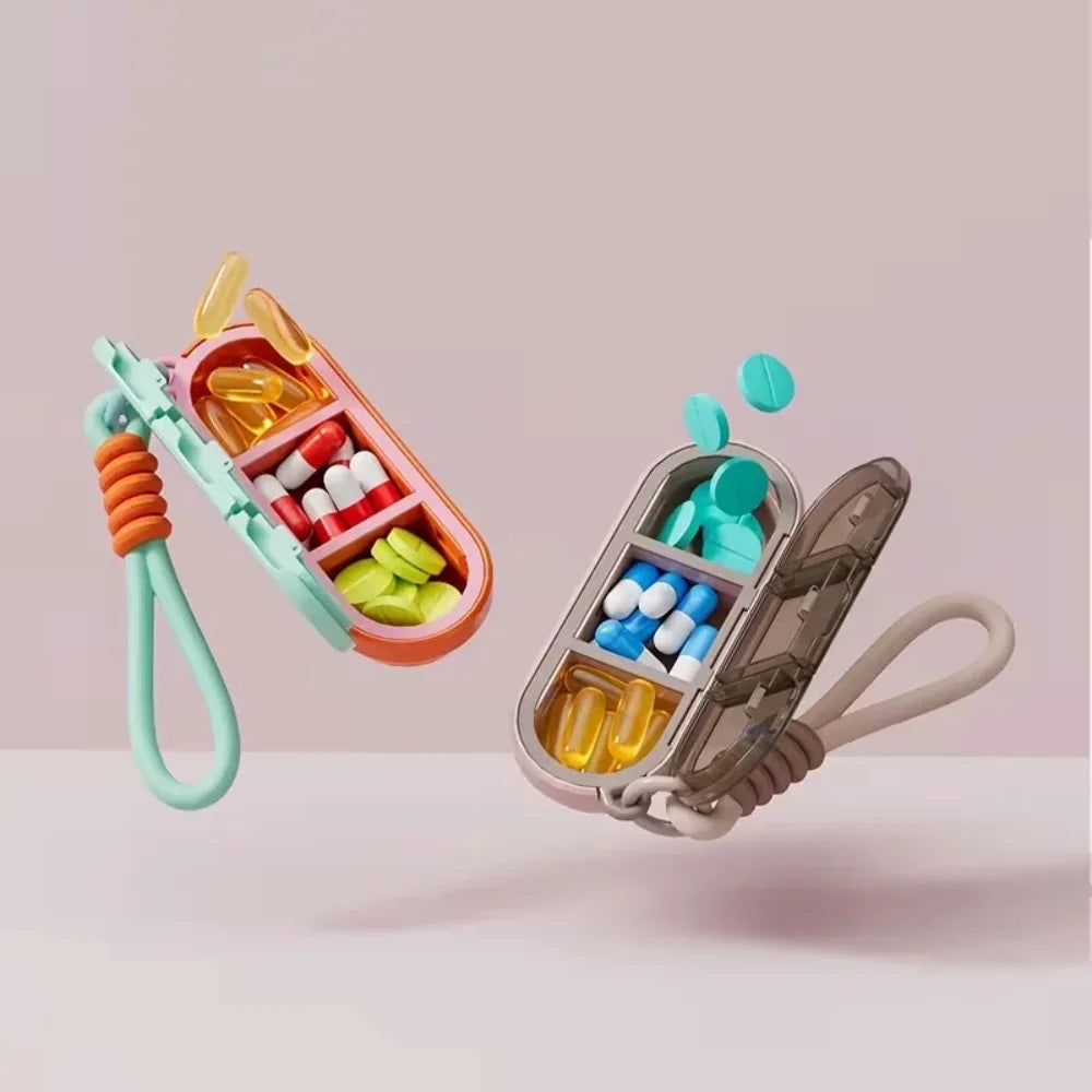 1PC Waterproof Moistureproof 3 Compartment Pill Case Dopamine Color Woven Lanyard Portable Silicone Sealed Vitamin Supplement Storage Box