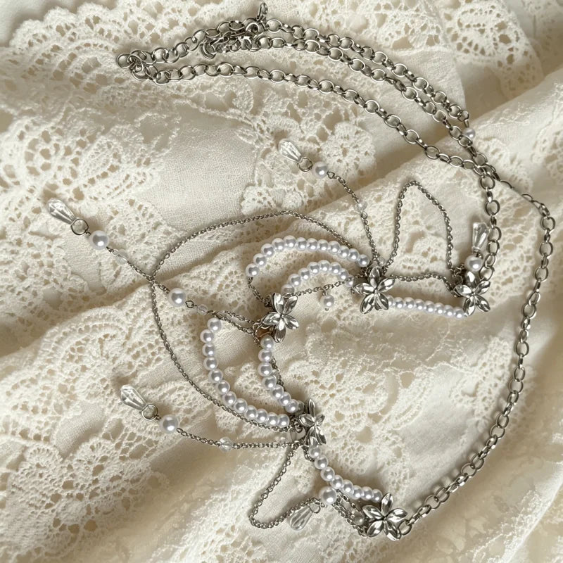 Fashionable Multi-Layer Pearl Tassel Waist Chain for Women Elegant Floral Body Chain Summer Holiday Accessory Gentle Style