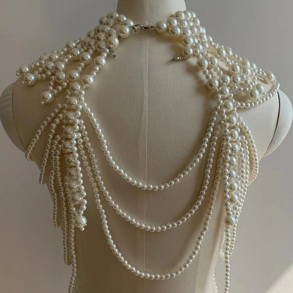Imitation Pearl Shoulder Chain Necklace Top Jewelry Dress Harness Wedding Festival Accessories Clothes Women Rave Body Chain Bra