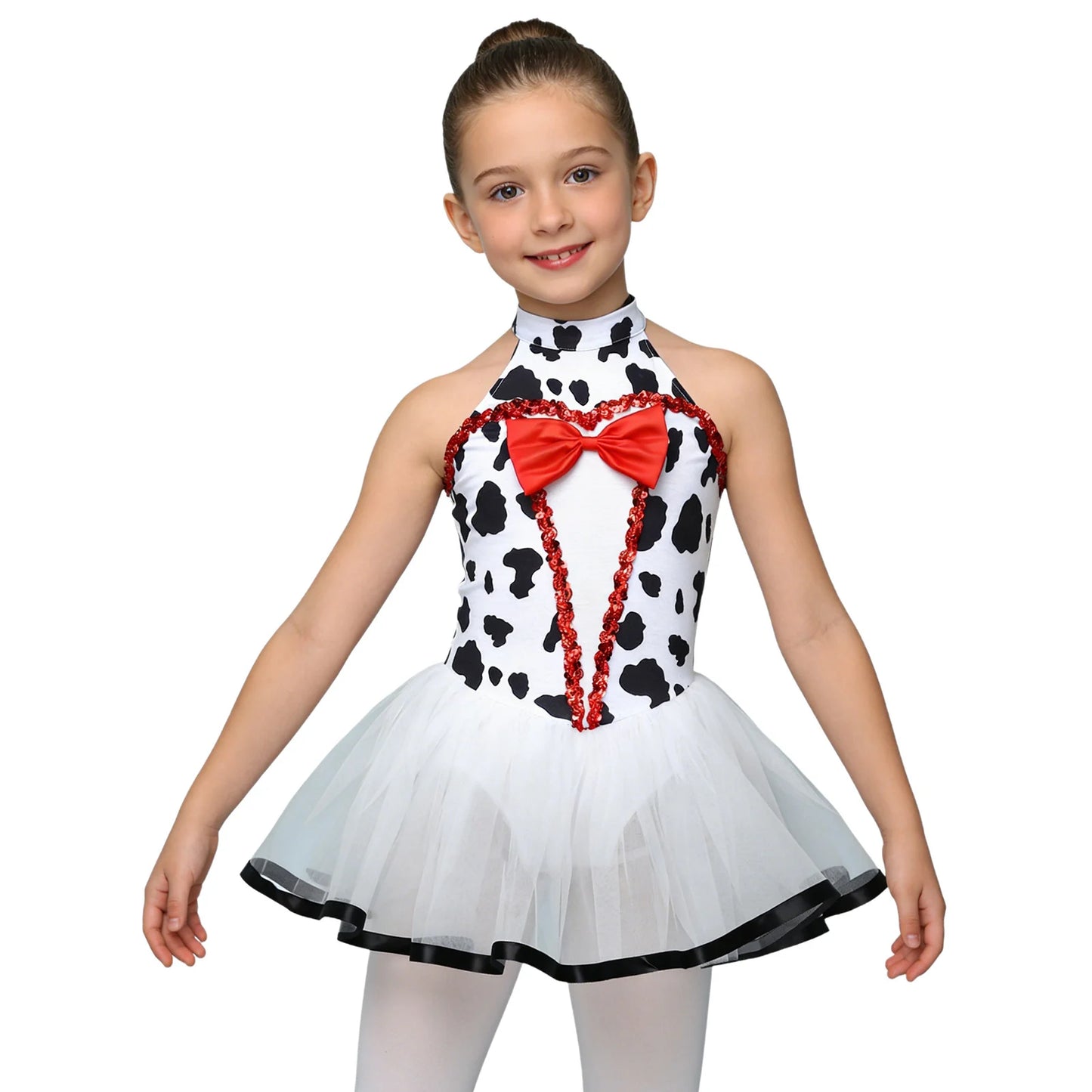 Children Girls Tutu Dress Halloween Theme Party Outfits Spotted Dog Fancy Dress Up Printed Mesh Leotard Dress Dalmatian Costume