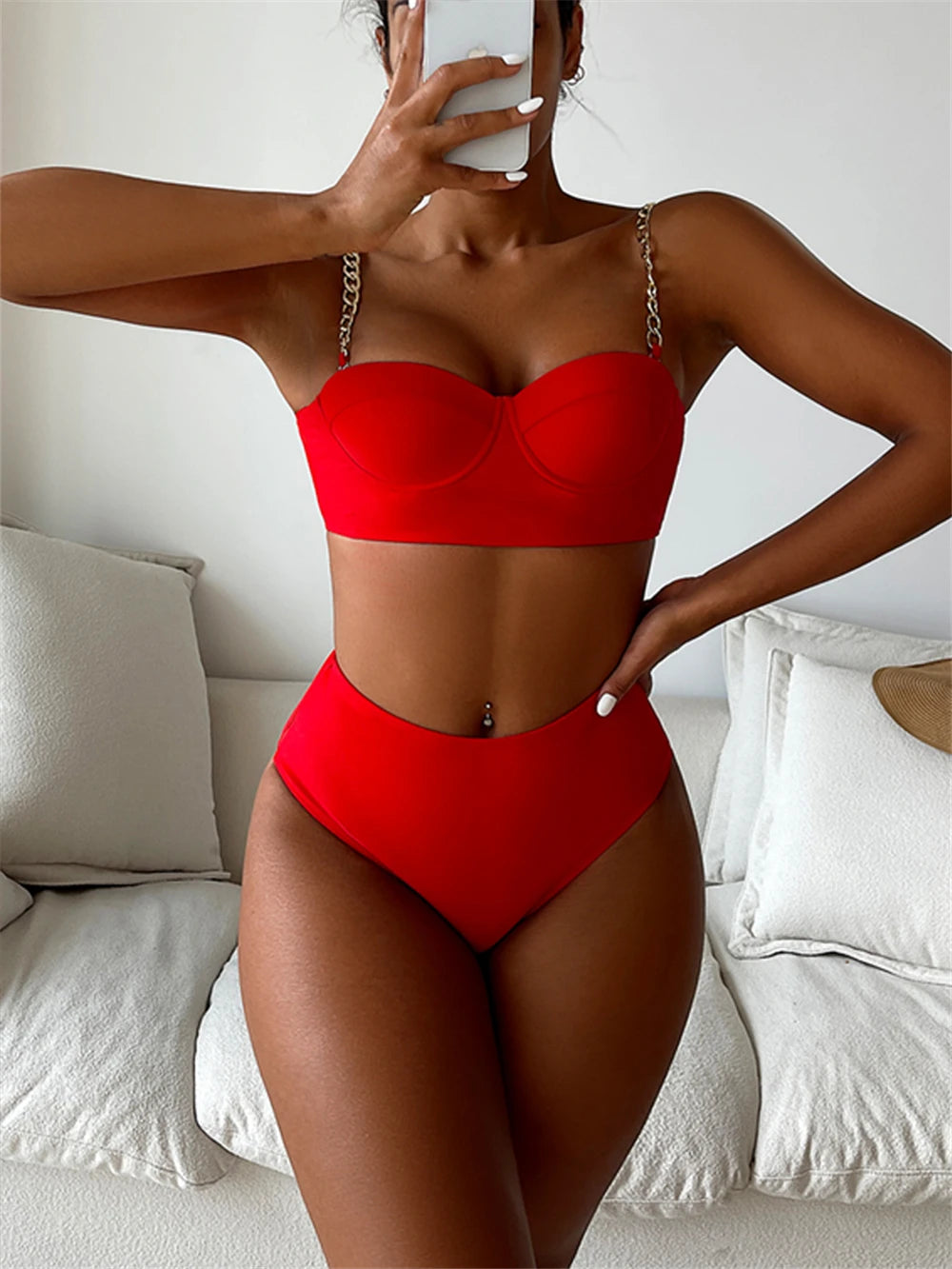 Chain Strap Bikinis 2026 Women Solid Push Up Swimsuit High Waist Swimwear Female Sexy Bathing Suit Swimming Summer Beachwear