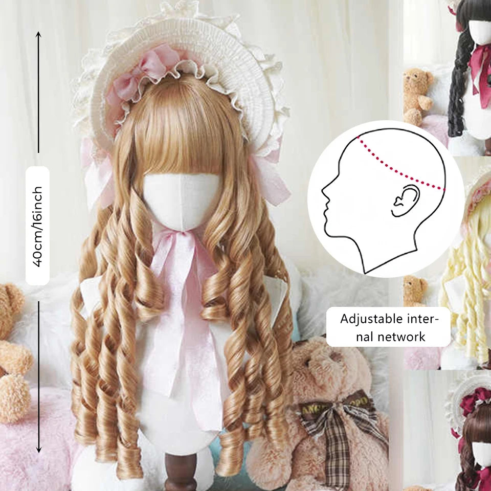 Synthetic Long Curly Wavy Lolita Wig with Bangs Wig Girl Cute Ombre Pink Blonde Black Cosplay Party Halloween Harajuku Wig