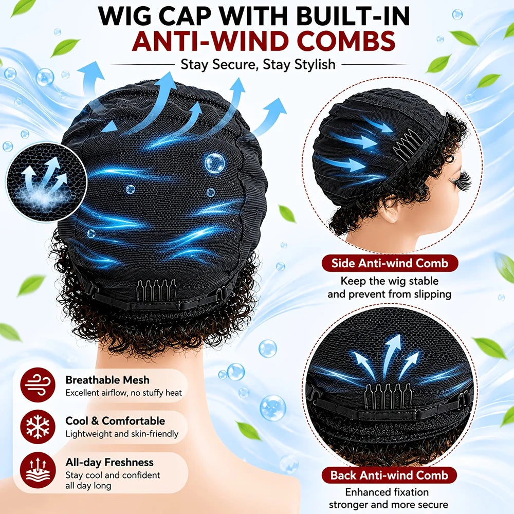 Short Kinky Curly Wigs Pixie Cut Wigs Human Hair for Women Bazilian Hair Machine Made Cap Natural Black/Brown/Burgundy Color Wig