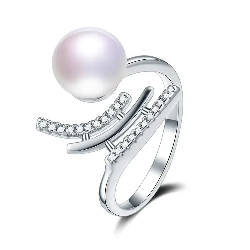 YWYC 8-9mm Natural Freshwater Pearl Rings for Women 925 Sterling Silver Crystal Zircon Adjustable Rings Jewlery Gift Wholesale