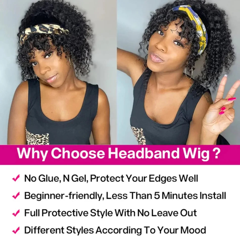 Afro Kinky Curly Headband Human Hair Wig For Women Water Curly Wigs With Black Headband Hair Easy to Style No Lace Front No Glue
