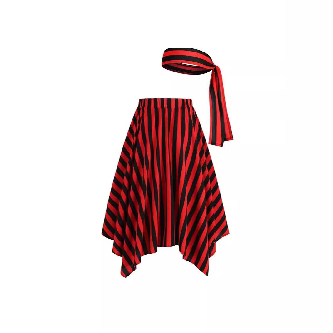 Halloween Pirate Costume Set Striped Pointed Skirt and Matching Striped Headscarf for Party