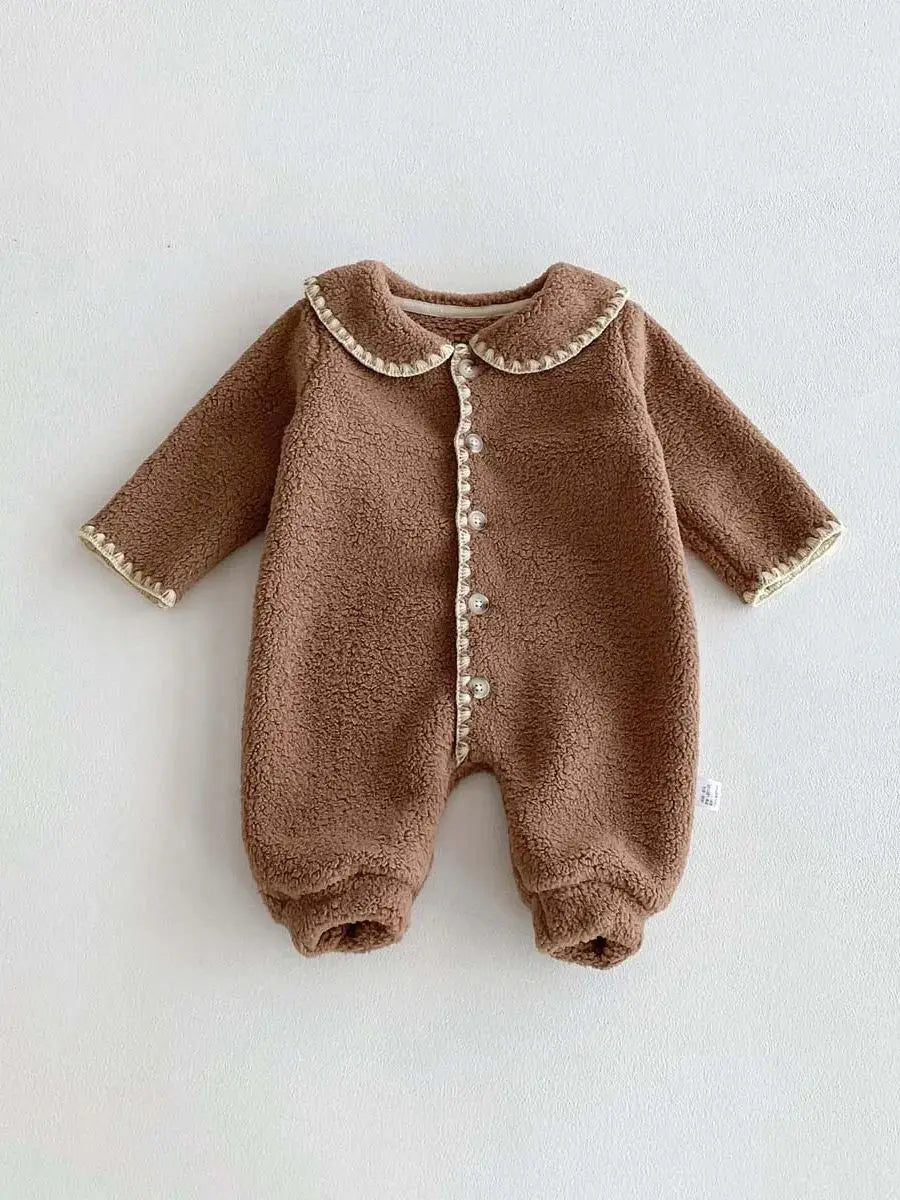 Baby's winter lapel fleece-lined long-sleeved jumpsuit, male and female baby plush long-sleeved jumpsuit, very suitable for goin