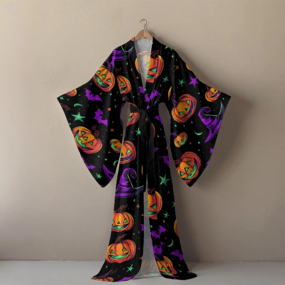 Halloween Sexy V-Neck Robe with Ghost Print High Slit & Bat Sleeves Kimono - Women's Party Costume Funny Cool Cosplay Wear