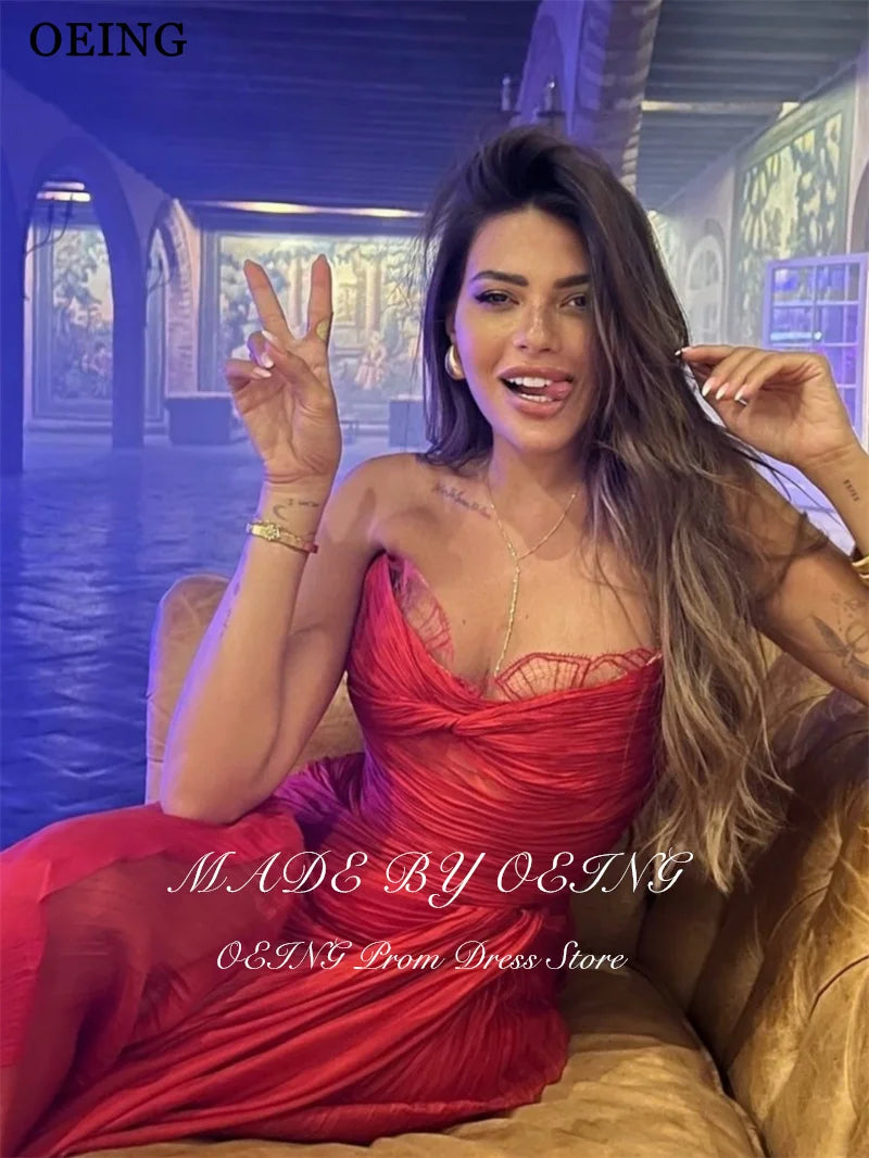 OEING Charming Red Mermaid Prom Dress V-Neck Sleeveless Draped Pleats Lace Evening Dresses 2025 فساتين سهرة Customized