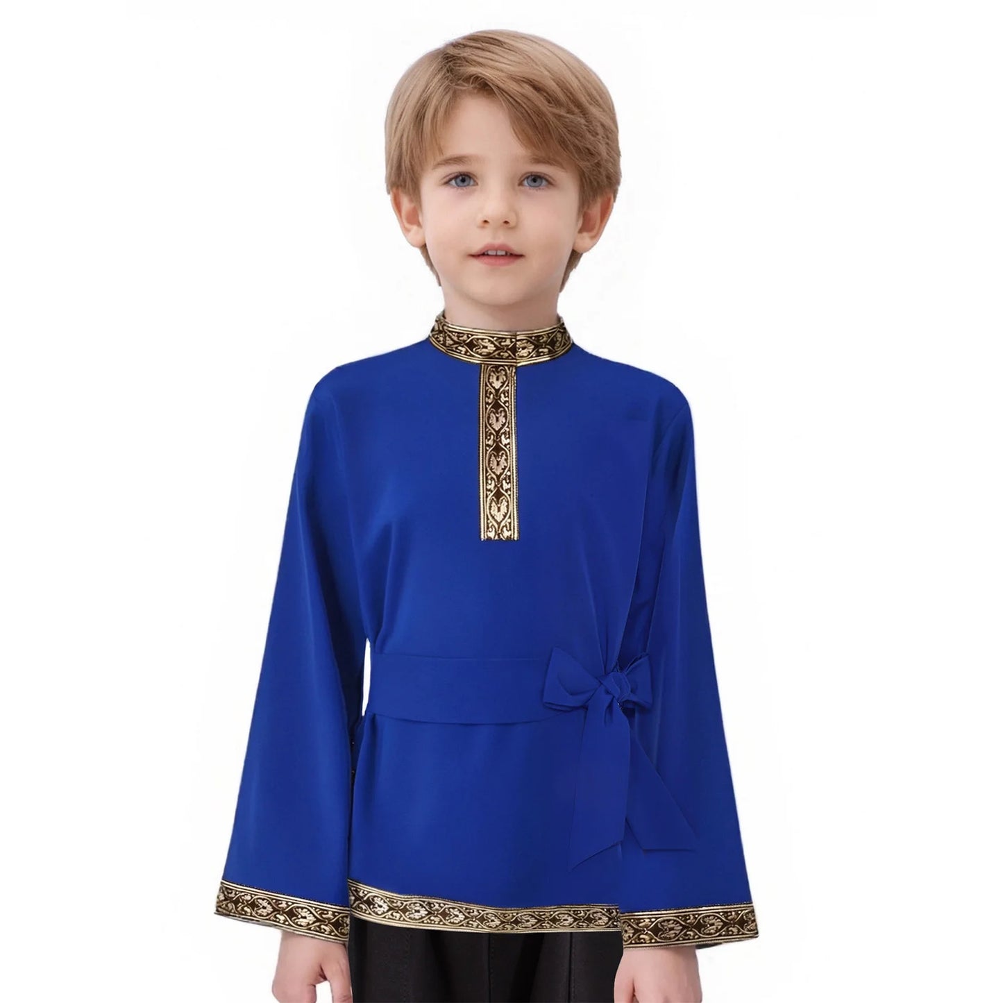 Teen Boys Girls Traditional Russian Folk Costume Halloween Medieval Renaissance Cosplay Fancy Vintage Pattern Shirts with Belt