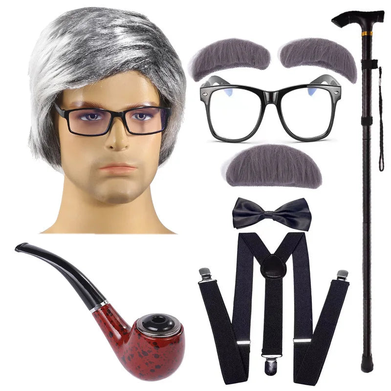 Halloween Children's Day Kids 100 Days Of School Costume For Boy Grandpa Vest Wig And Beard Granny Dress Up Props Carnival Party