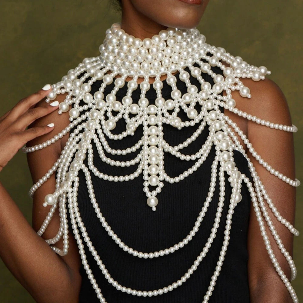Imitation Pearl Shoulder Chain Necklace Top Jewelry Dress Harness Wedding Festival Accessories Clothes Women Rave Body Chain Bra