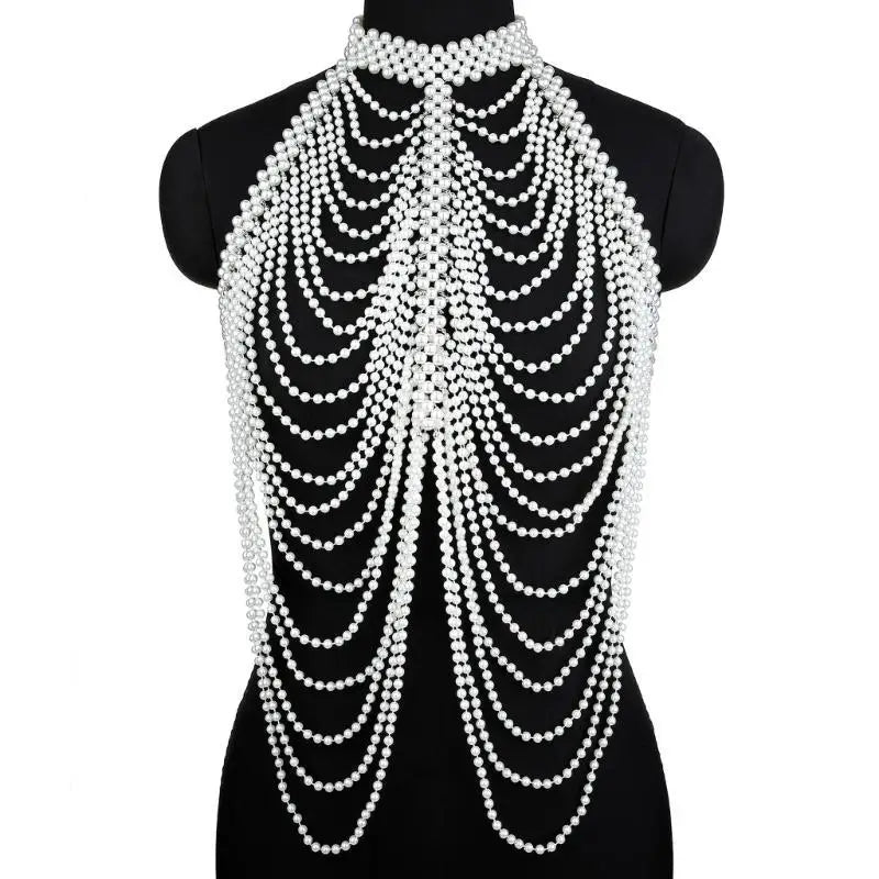 P9FE Fringed Pearls Shawl Wrap for Female Shoulder Chain Necklace Elegant Bride Shawl Formal Dress Shoulder Wrap Body Chain