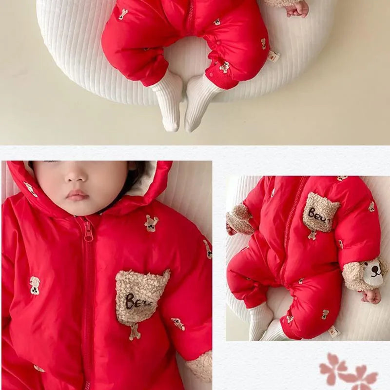 Winter Newborn Baby Romper Thicken Cotton Jumpsuit Infant Onesie Fleece Lining Hooded Rompers for Boy Girl Clothes Kids Outfit
