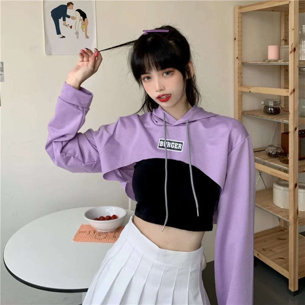 All Match Y2K Ultra Short Hoodie Loose Tees Shrug Pullover Streetwear Drawstring Women's T-shirt Summer