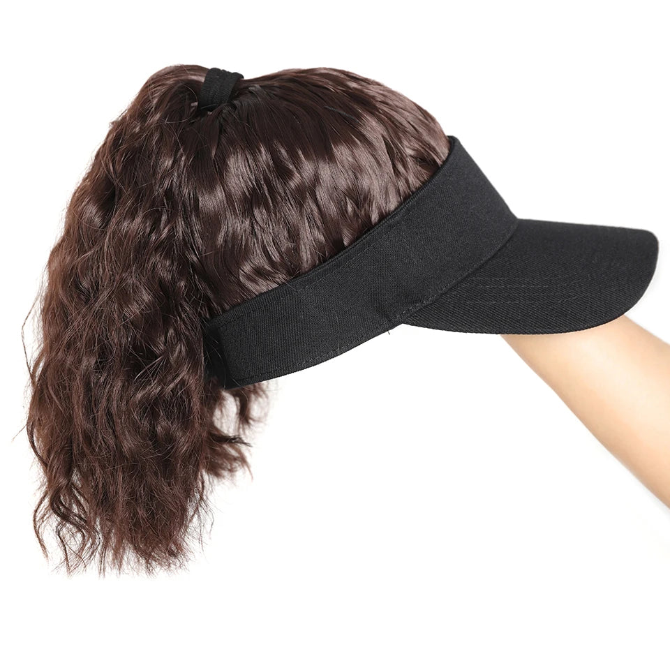 LUPU Synthetic Hair Curly Wave Ponytail Black Brown Baseball Cap Wig Adjustable Sun-Protective Sporty Style for Women Girls
