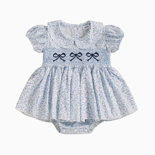 Baby Girls Summer Romper Dress Short Sleeve Bow Embroidery Floral Print Sweet Romper Baby Clothing