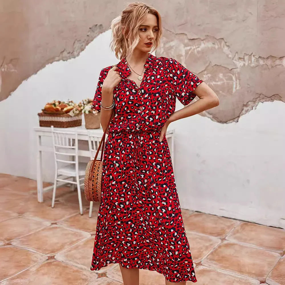New Fashion Women's Polka Dot Print Short Sleeve Midi Dress Cotton Summer New Arrival Knee-Length Stand Collar Regular Waist