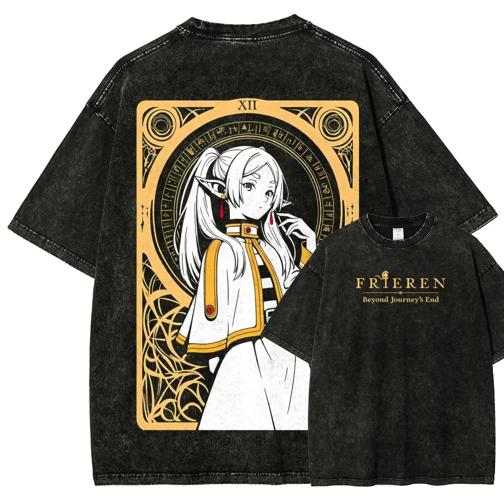 Frieren Print T-shirt Anime Frieren: Beyond Journey's End Clothing Men Women Cotton Tshirts Retro Washed T Shirt Harajuku Tops