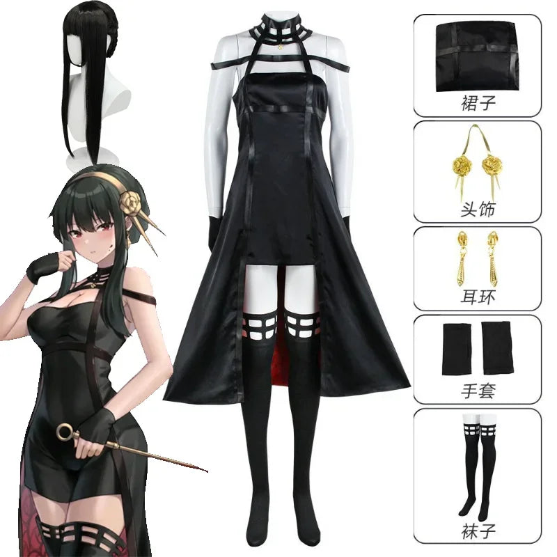 Halloween Party Anime Yor Forger Cosplay Outfit Gothic Assassin Black Red Skirt Dress Suit Uniform Long Hair Wig Earrings