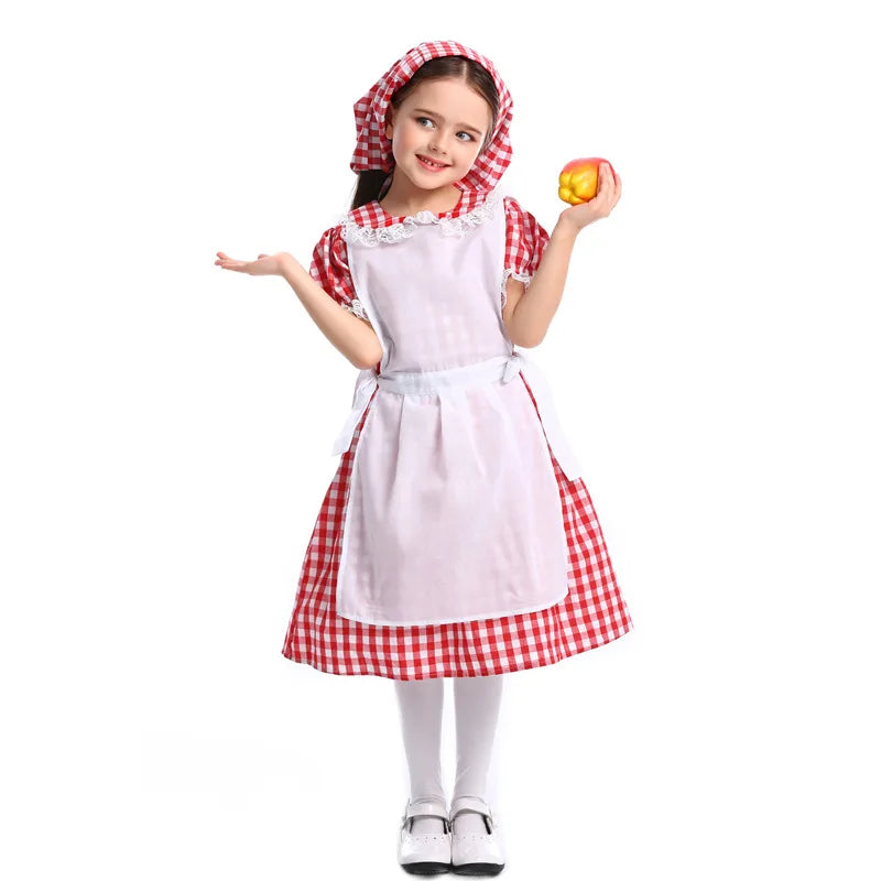 Frocks for Girls Kids Little Red Riding Hood Fairy Tale Drama Performance Costume Maid Suit Floral Pastoral Style Casual Dress