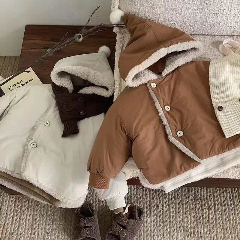 2025 Winter New Baby Warm Lamb Cashmere Hooded Coat Solid Versatile Boys Girls Padded Jacket Plus Velvet Thick Infant Clothes
