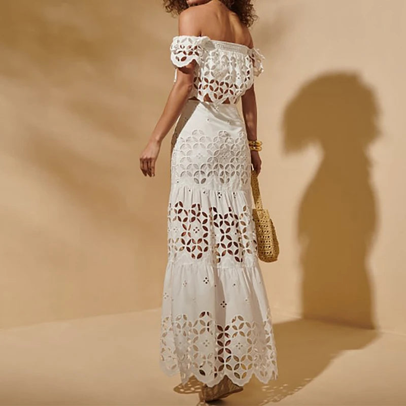 Flaxmaker Sexy Strapless Hollowed Bikini Swimsuit Solid Sleeveless Vest Straight Skirt Suit Female Summer Chic Casual Sets