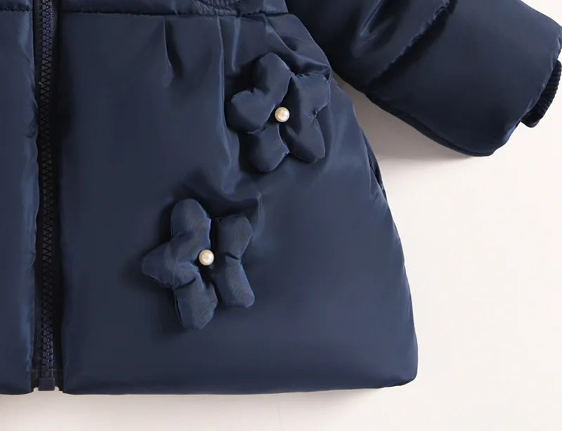 1-5 Years Flowers Autumn Winter Girls Jacket Fur Collar Keep Warm Little Princess Coat Hooded Zipper Baby Outerwear Kids Clothes