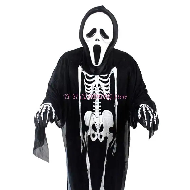 Halloween Skull Skeleton Cosplay Costume Scary Ghost Robe with Front Bone Print for Children Adult Carnival Party Cloak