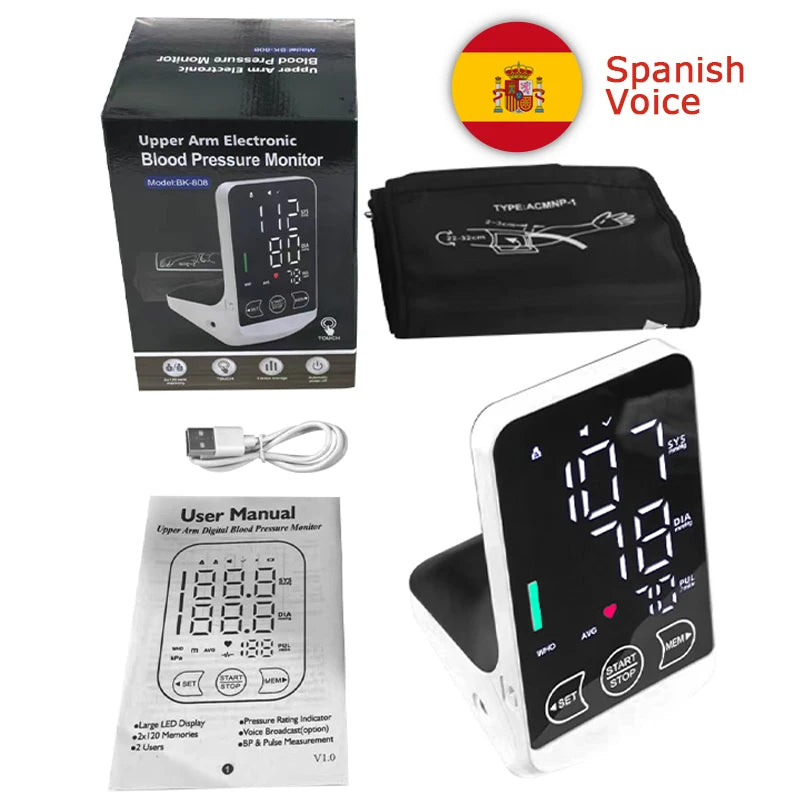 Large Display Screen Rechargeable Automatic Tonometer Arm Blood Pressure Monitor Digital Tensiometer English/Spanish Voice