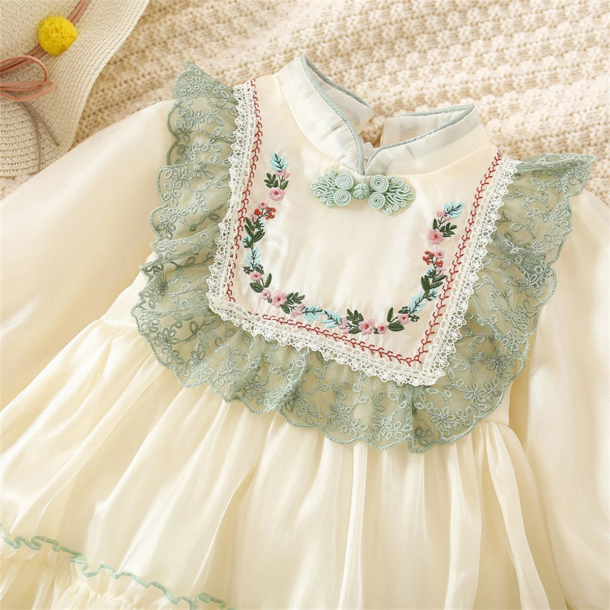Girls' Dress Spring And Autumn Solid Color Flower Long Sleeved Baby Girl Dress Chinese Style One Year Old Baby Dress Baby Girl C