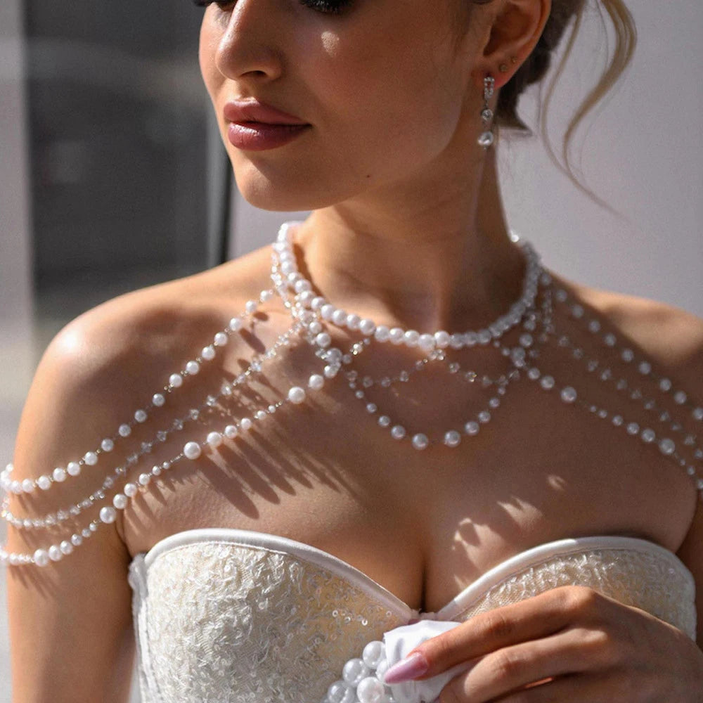 Multilayer Pearl Shoulder Chain Necklace Dress Women Accessories Elegant Banquet Rhinestone Bridal Body Chain Wedding Jewelry