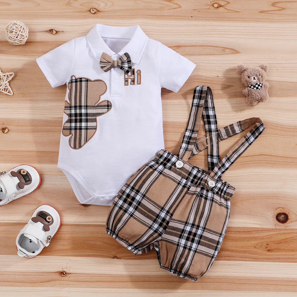 2PCS IURNXB Baby Clothes Sets Short Sleeve Boys Infant Plaid Bear Bodysuit+Suspenders Trousers Set Overall Newborn Outfits 1-18M