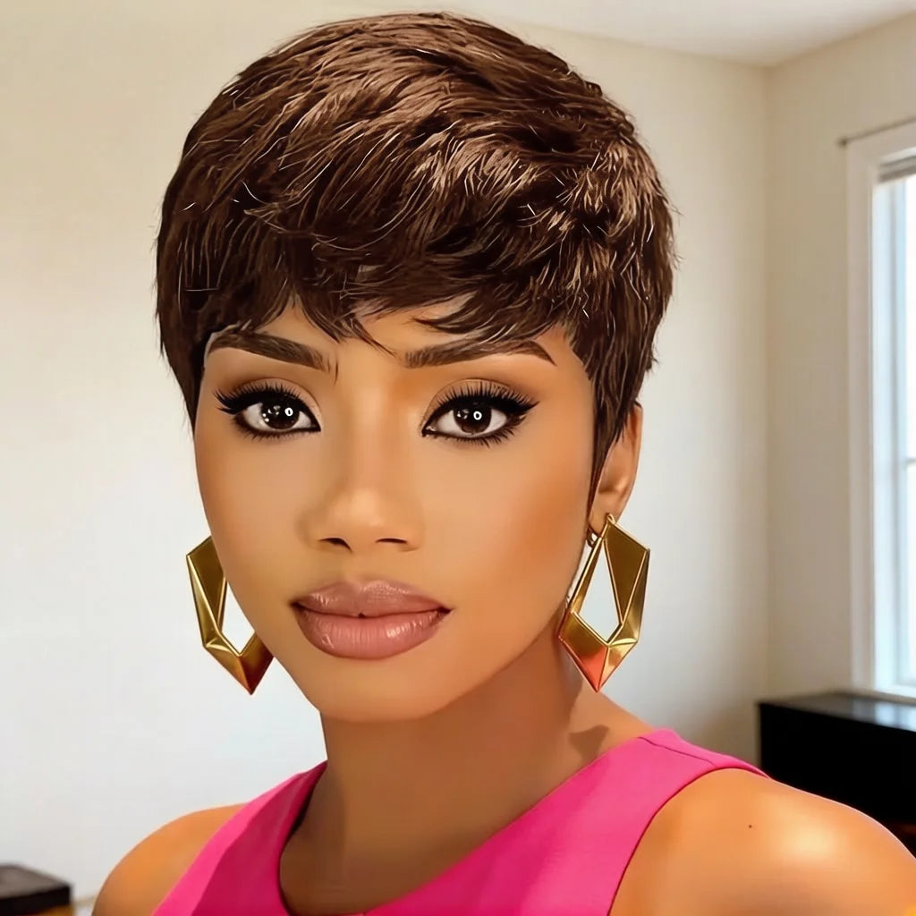 Human Hair Short Pixie Cut Wig for Women -Burgundy 99J Short Straight Human Hair Wig with Bangs,full machine made Natural Lookin