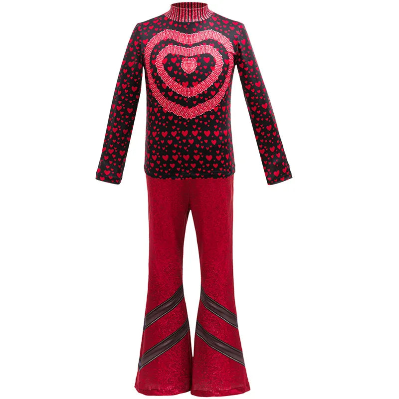 2026 New Movie Cosplay Outfit Girls Red Heart Printed 4Pcs Dress Set Jacket+Top+Skirt+Pants Halloween Costume Descendant Cosplay