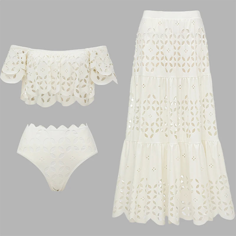 Flaxmaker Sexy Strapless Hollowed Bikini Swimsuit Solid Sleeveless Vest Straight Skirt Suit Female Summer Chic Casual Sets