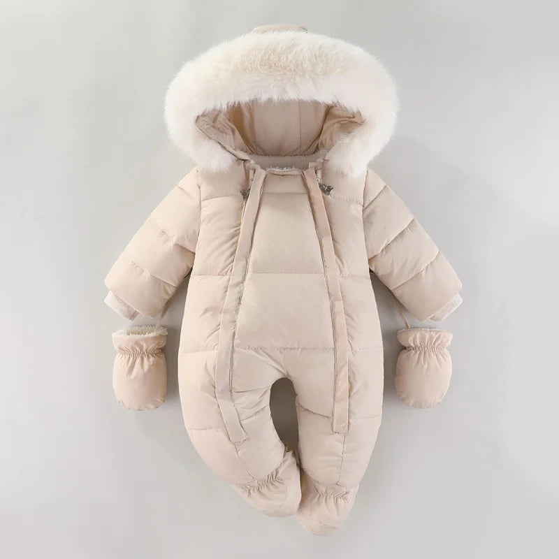 Winter Newborn Baby Girl Clothes Thicken Baby Romper With Gloves Warm Baby Jumpsuit Hooded Plus Velvet Children's Clothing 0-18M